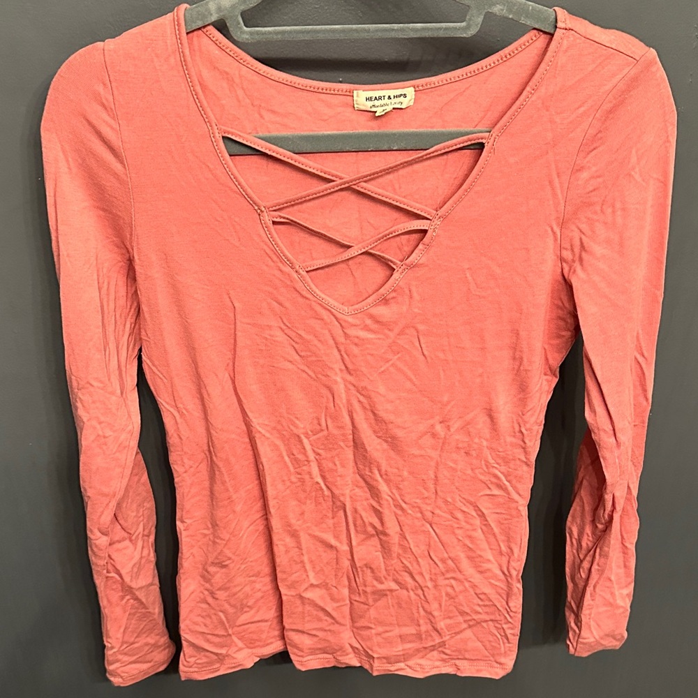 Heart Hips Women's Coral Crisscross Long Sleeve Top